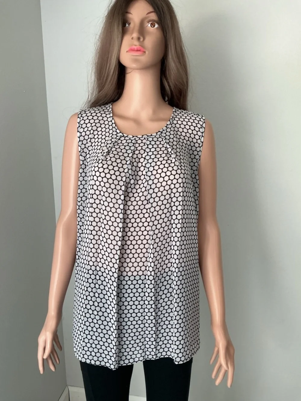 Michael Kors Black and White Polka Dot Pleated Sleeveless Top